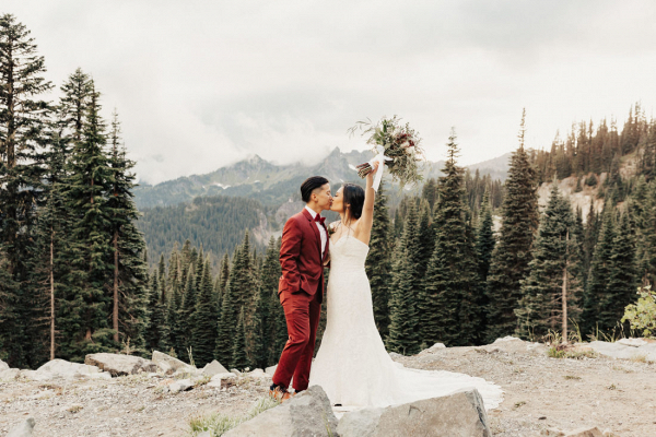 Romantic Burgundy Mt. Rainier Elopement